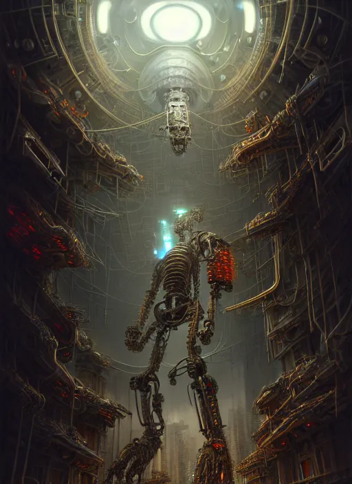 Image similar to A photorealistic 3d render of a robot monster cyborg made of circuits wide view shot by ellen jewett , tomasz alen kopera and Justin Gerard symmetrical features, ominous, magical realism, texture, intricate, ornate, royally decorated, android format, windows, many doors, roofs, complete house , whirling smoke, embers, red adornments, red torn fabric, radiant colors, fantasy, trending on artstation, volumetric lighting, micro details, 3d sculpture, ray tracing, 8k