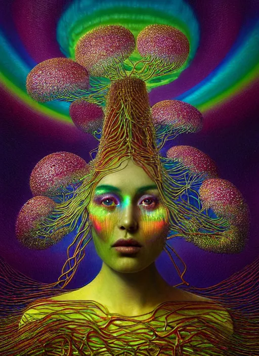 Image similar to hyper detailed 3d render like a Oil painting - Aurora (metallic iridescent rainbow faced goddess) seen Eating of the Strangling network of yellowcake aerochrome and milky Fruit and Her delicate Hands hold of gossamer polyp blossoms bring iridescent fungal flowers whose spores black out the foolish stars by Jacek Yerka, Mariusz Lewandowski, Houdini algorithmic generative render, Abstract brush strokes, Masterpiece, Edward Hopper and James Gilleard, Zdzislaw Beksinski, Mark Ryden, Wolfgang Lettl, hints of Yayoi Kasuma, octane render, 8k