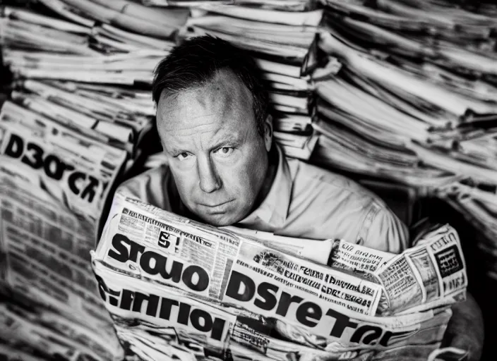 Image similar to dslr photo still of alex jones sitting depressed in a room filled to the ceiling with newspapers, 5 2 mm f 5. 6