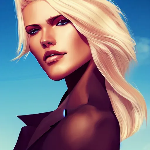 Image similar to a stunning upper body portrait of a beautiful woman with bleach blonde hair waving in the wind by marvel comics, digital art, trending on artstation