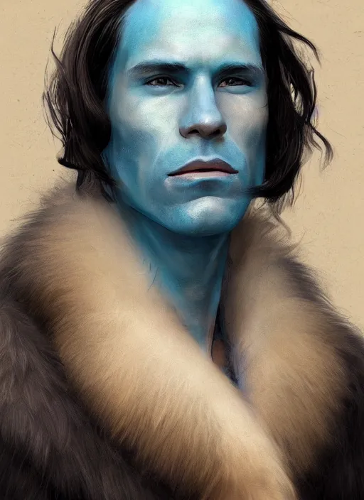 Prompt: portrait of a blue-skinned man wearing a fur coat, illustration, fantasy, by Bowater, Charlie, trending on ArtStation, masterpiece