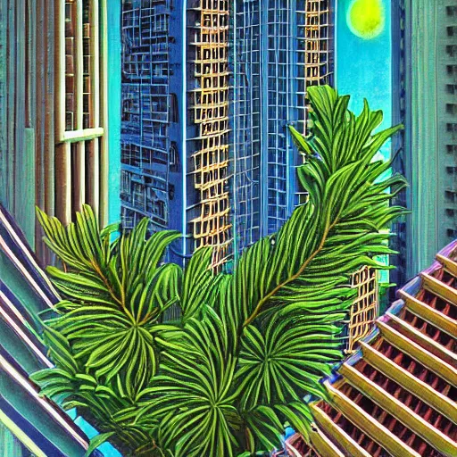 Image similar to a solar punk lush giant plants city, modern architecture by ricardo bofill, city of the jungle, by enrich, victorenrich, galactic nebula, surrealist oil painting