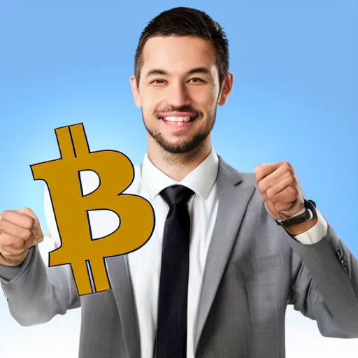 Image similar to businessman holding a happy bitcoin