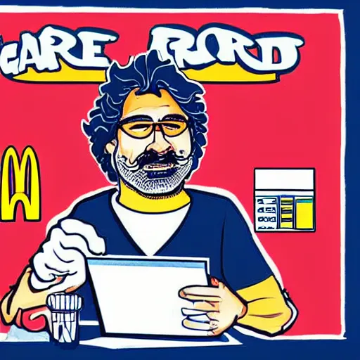 Prompt: jerry garcia working at McDonalds because he lost all of his money leverage trading bitcoin, mike judge art style, 90s mtv illustration
