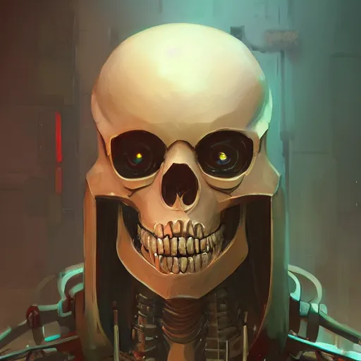 Prompt: portrait of a horrific cybernetic skeleton, cyberpunk concept art by pete mohrbacher and artgerm and wlop and greg rutkowski and deathburger, digital art, highly detailed, intricate, sci-fi, sharp focus, Trending on Artstation HQ, deviantart, unreal engine 5, 4K UHD image