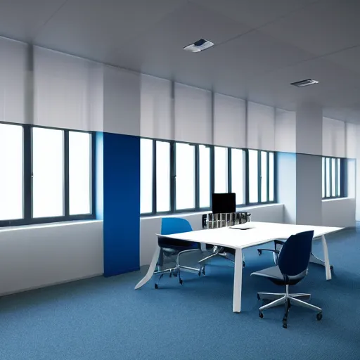 Image similar to interior shooting offices enviroment, open plan, perspective view Minimalist office in Scandinavian style, city, reception, blue color, carpets floor design, steelcase furniture, open area, meeting rooms, minimal, realistic, photo-realistic maximum detail, Archviz, octane render, geometric design, design 8k resolution