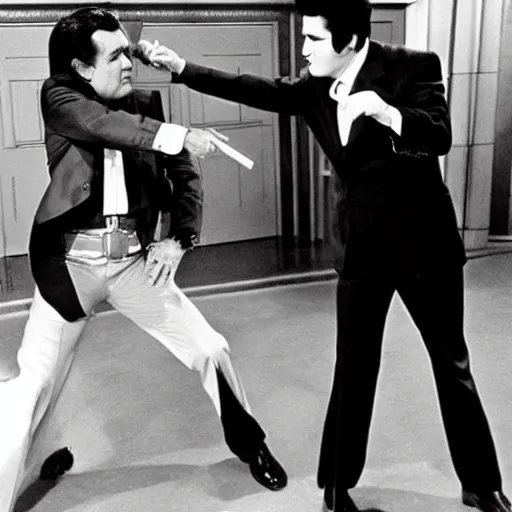 Prompt: an award winning photograph of Richard Nixon and Elvis Presley fighting crime, 70\'s TV show