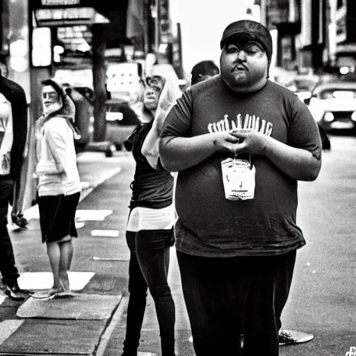 Image similar to morbid obesity, new york, candid, bokeh, wide angle