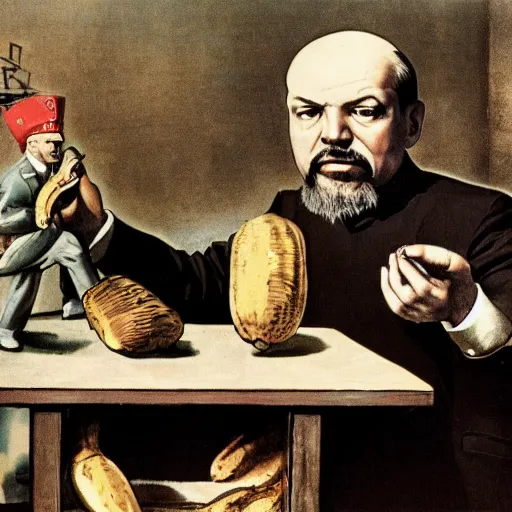 Prompt: the proletariat watches as lenin eats a banana