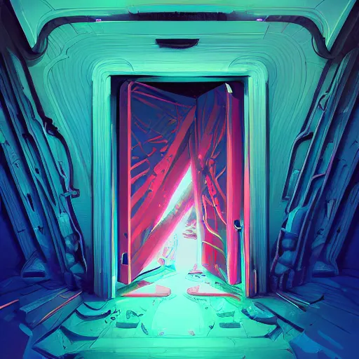 Prompt: artificial super consciousness opening the door to the unknown by anton fadeev, by hr giger, fauvism, horror, trending on artstation, masterpiece, octane render