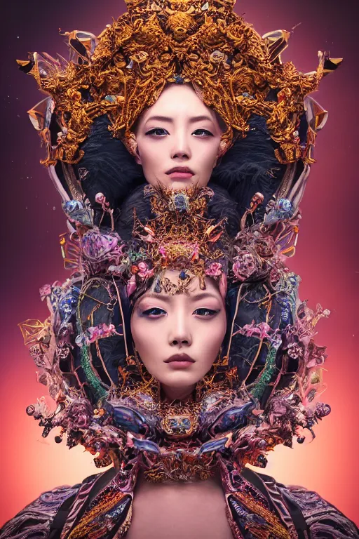 Image similar to a beautiful empress portrait, singular subject, with a brilliant, impossible striking big cosmic galaxy headpiece, clothes entirely made out of cosmos chaos energy, symmetrical, dramatic studio lighting, rococo, baroque, jewels, asian, hyperrealism, closeup, D&D, fantasy, intricate, elegant, highly detailed, digital painting, artstation, octane render, 8k, concept art, matte, sharp focus, illustration, art by Artgerm and Greg Rutkowski and Alphonse Mucha