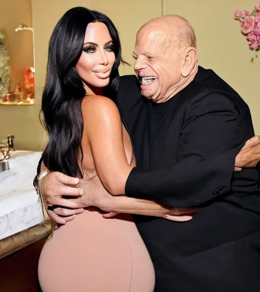 Image similar to Don Rickles hugging kim kardashian in a retirement home