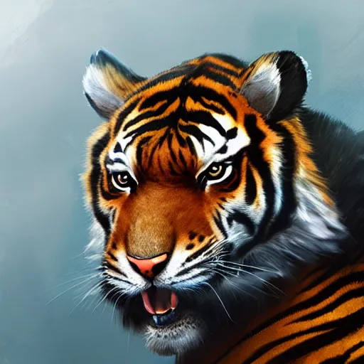 Image similar to a award winnimg commission portrait of a anthro tiger carrying a small cute bunny,digital art,art by greg rutkowski,character design by charles bowater,professional character design,ross tran,artstation,deviantart,photorealistic,detailed face,hyperdetailed,4k