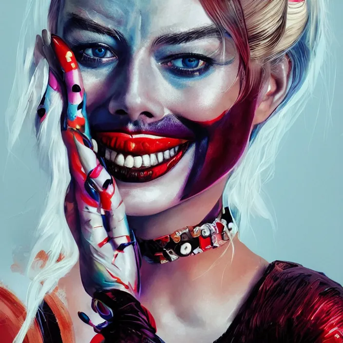 Image similar to portrait of Margot Robbie as a harley quinn. intricate abstract. intricate artwork. by Tooth Wu, wlop, beeple, dan mumford. octane render, trending on artstation, greg rutkowski very coherent symmetrical artwork. cinematic, hyper realism, high detail, octane render, 8k, iridescent accents