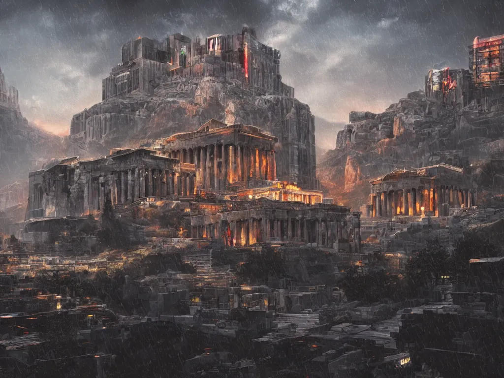 Prompt: the very beautiful matte photorealistic painting of greek acropolis in cyberpunk style, rain, cinematic dramatic lighting, trending on artstation