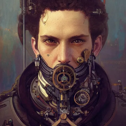 Prompt: Portrait of a steampunk man, science fiction, highly detailed, digital painting, artstation, concept art, illustration, art by Greg Rutkowski and alphonse mucha