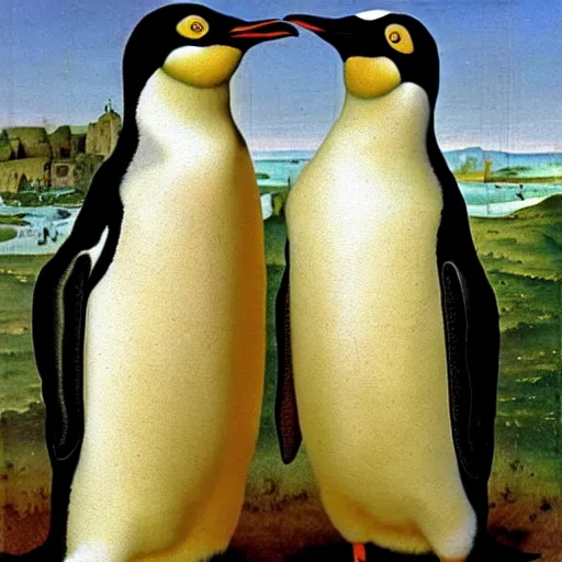 Prompt: portrait of two penguins wearing gold necklaces, oil painting by jan van eyck, northern renaissance art, oil on canvas, wet - on - wet technique, realistic, expressive emotions, intricate textures, illusionistic detail,