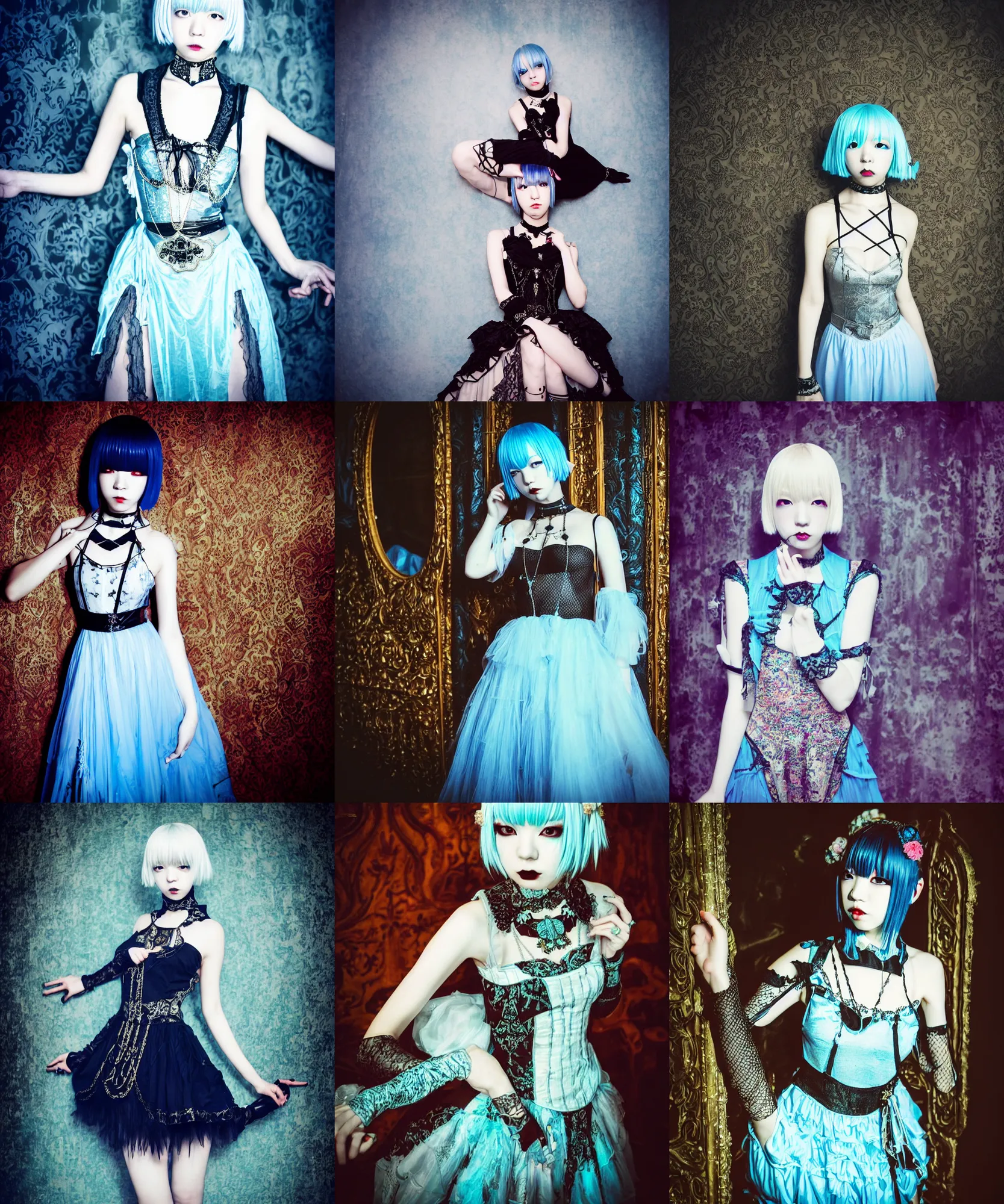 Prompt: lomography, full body portrait photo of young women like reol in a vaster ballroom interior dancing at a crowded masquerade party, wearing a ornate gothic dress and choker, moody, realistic, dark, skin tinted a warm tone, light blue filter, hdr, rounded eyes,, detailed facial features