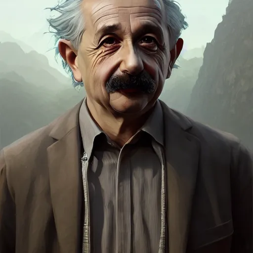 Image similar to highly detailed portrait albert einstein in gta v, stephen bliss, unreal engine, fantasy art by greg rutkowski, loish, rhads, ferdinand knab, makoto shinkai and lois van baarle, ilya kuvshinov, rossdraws, tom bagshaw, global illumination, radiant light, detailed and intricate environment