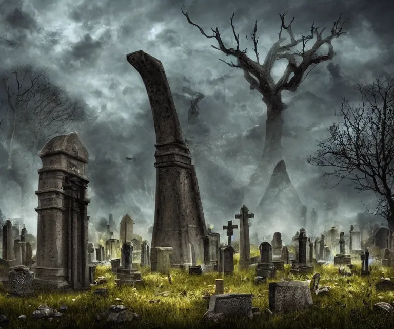 Prompt: a city of tombs and tombstones, graveyard landscape, inhabited by flying spirits, ghostly spirits, giant grave structures, giant tomb structures, dark fantasy, digital art, fantasy art