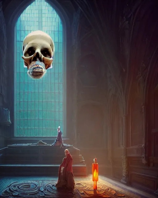 Prompt: highly detailed surreal vfx portrait of a skull in a great hall, stephen bliss, unreal engine, greg rutkowski, loish, rhads, beeple, makoto shinkai and lois van baarle, ilya kuvshinov, rossdraws, tom bagshaw, alphonse mucha, global illumination, detailed and intricate environment