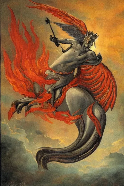 Image similar to this painting seems to depict a wingless angel on a horse who looks down at the ground beneath him. meanwhile, above him is a twisting funnel of angry red fire.