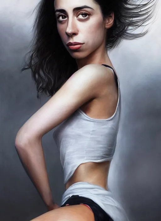 Image similar to full length photo of Oona Chaplin in a tanktop in the style of stefan kostic, realistic, sharp focus, 8k high definition, insanely detailed, intricate, elegant, art by stanley lau and artgerm