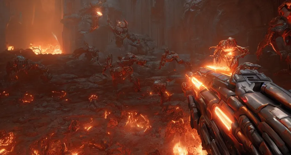 Prompt: gameplay of doom eternal, shooting a demon monster, ambient lighting, concept art, intricate, hyper detailed, smooth, action, volumetric lighting, 3 d render, unreal, octane