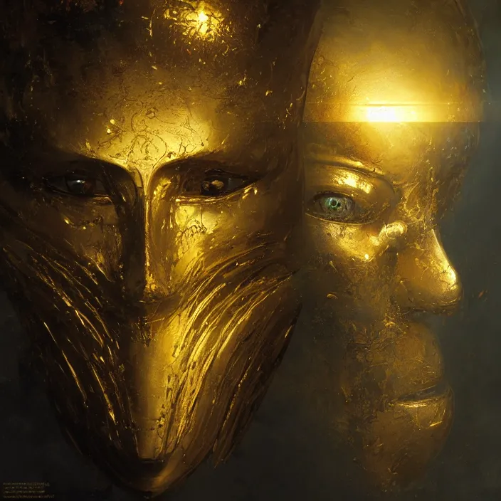 Prompt: 4k Golden mask with three faces in the dark, art by greg rutkowski, art by craig mullins, art by thomas kincade, art by Yoshitaka Amano