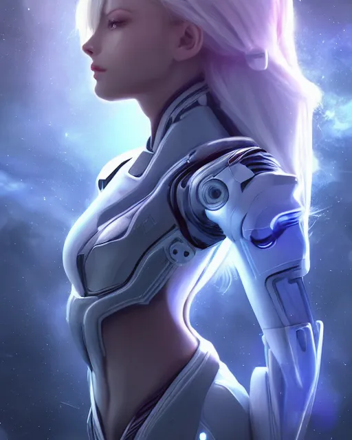 Image similar to perfect android girl on a mothership, warframe armor, beautiful face, scifi, futuristic, galaxy, nebula, raytracing, dreamy, long white hair, blue cyborg eyes, sharp focus, cinematic lighting, highly detailed, artstation, divine, by gauthier leblanc, kazuya takahashi, huifeng huang