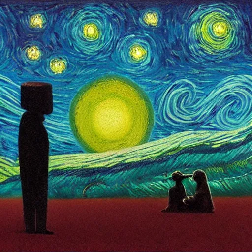 Prompt: starry nights, in the style of vincent van gogh and zdzisław beksinski, surrealist interpretation