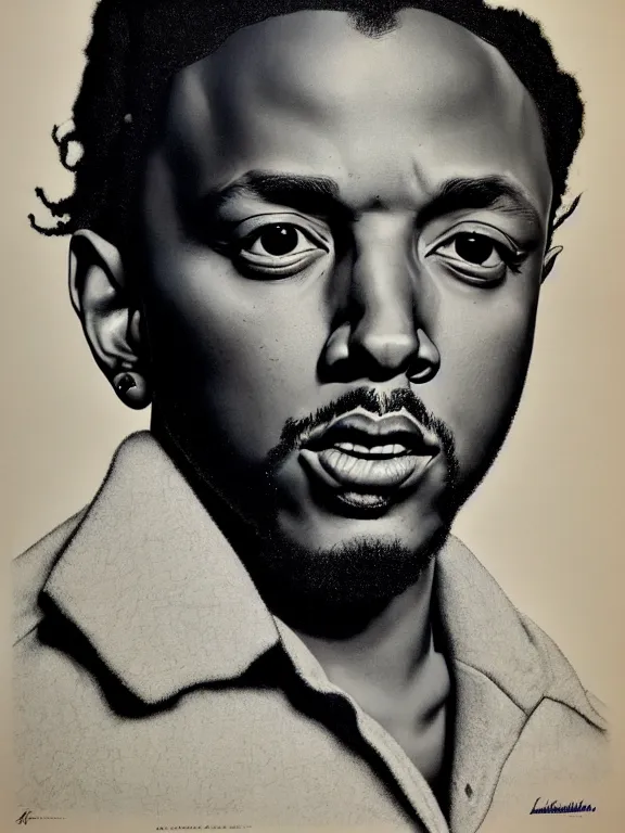 Image similar to kendrick lamar portrait by gil elvgren and norman rockwell and rob gonsalves and hajime sorayama, hyperrealistic, high detail, ultra detailed, highly detailed face, ruffled fabric