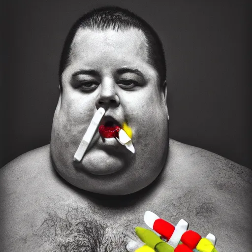 Image similar to an obese man with his mouth stuffed with popsicles mounted on chains and metal spikes by Michael Wheelan