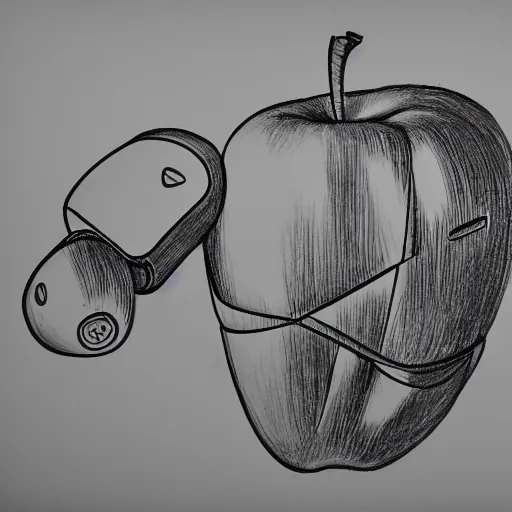 Prompt: line art drawing of a mechanical apple transforming into a robot, pencil on paper, high-resolution