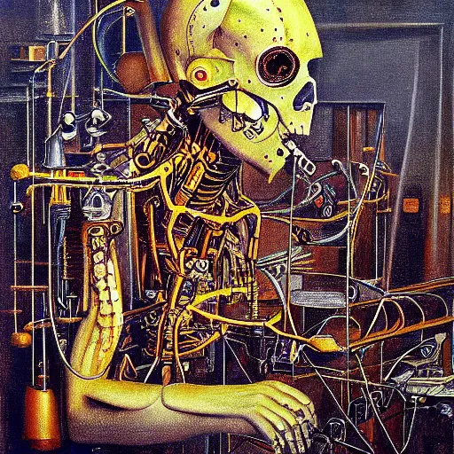 Prompt: i'm machine, i'm obsolete, in the land of the free, lobotomy. beautiful and detailed painting by grislaw ludovek ( 1 9 7 5 ).