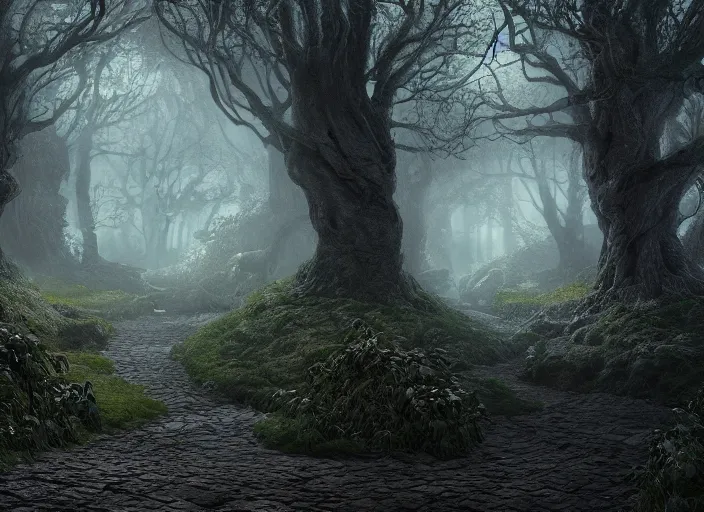 Image similar to secret garden, in the style of pan's labyrinth movie, pathway, scary monster statues, spooky, very dark, concept art, unreal engine 5, matte painting, artstation, caspar friedrich