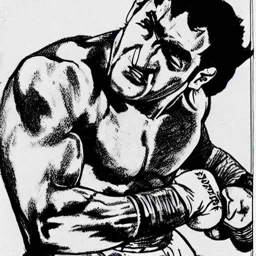 Prompt: rocky marciano drawn in the style of berserk manga