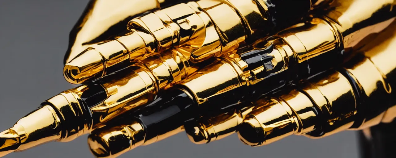 Image similar to a closeup of a gold robot hand holding a fountain pen, hyper realistic