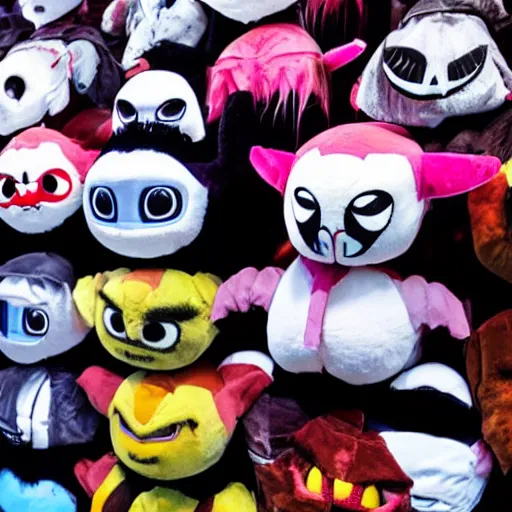 Image similar to scary demon plushies being sold at an amusement park, devilish, haunting, nightmare