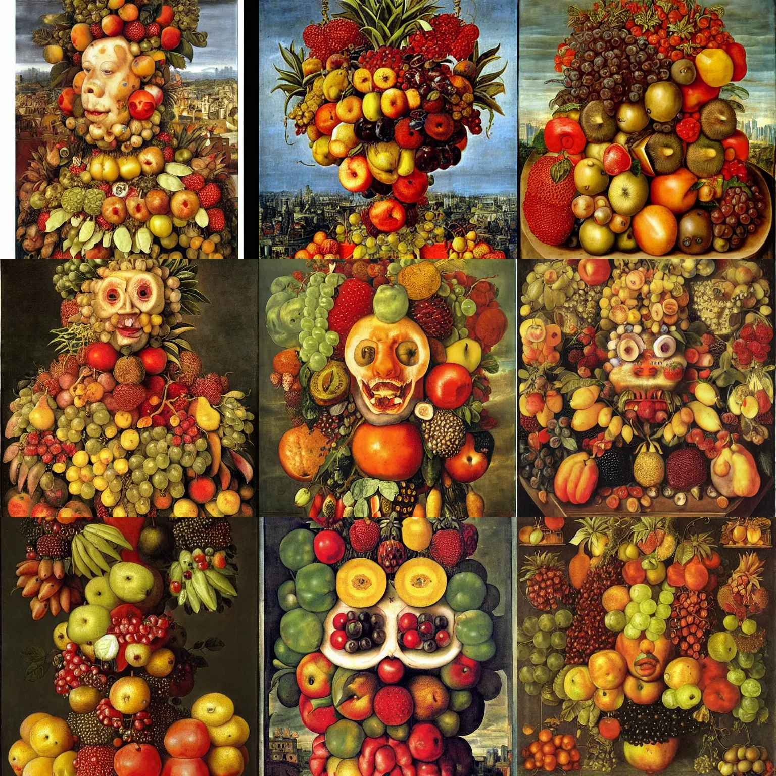 Prompt: city of fruits. painting by giuseppe arcimboldo.