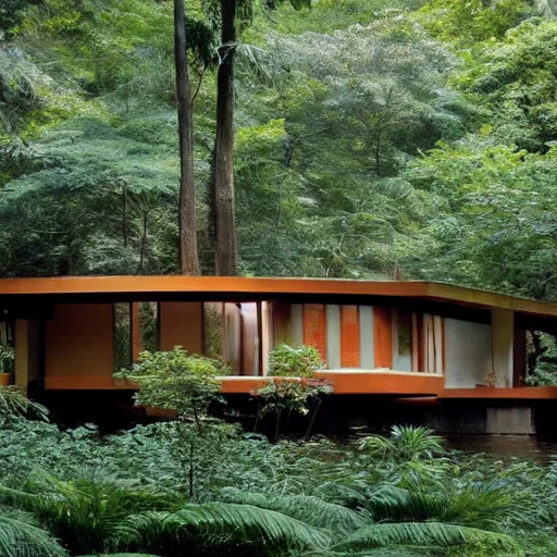 Image similar to a house designed by frank lloyd wright in the middle of the jungle,