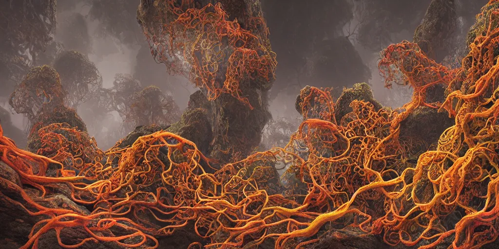 Prompt: Photorealistic symmetrical intricate detailed picture of a levitating floating spirit with arms outstretched, made from colourful fungus tendrils. a gentle rising mist, an epic rocky landscape. occult photorealism, UHD, amazing depth, glowing, golden ratio, 3D octane cycle unreal engine 5, volumetric lighting, cinematic lighting, cgstation artstation concept art