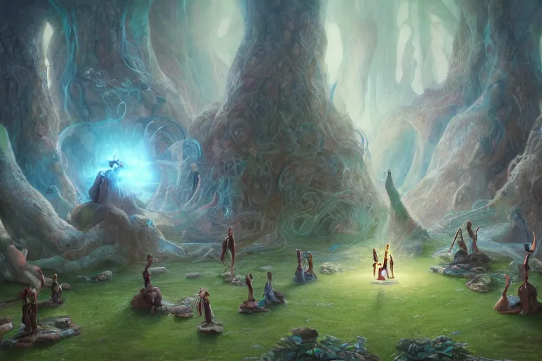 Image similar to the muses. a sacred stone circle, rivendell, the garden of eden, sacred singers they who took up the strings of the deep, and turned the cacophony of an angry world into songs of unity and peace. morning lighting hopeful, cinematic fantasy painting, dungeons and dragons, jessica rossier and brian froud