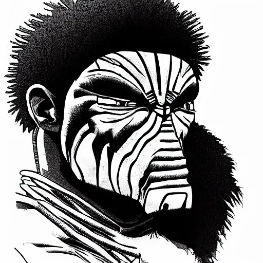 Prompt: hedcut portrait of yatuja from the movie predator