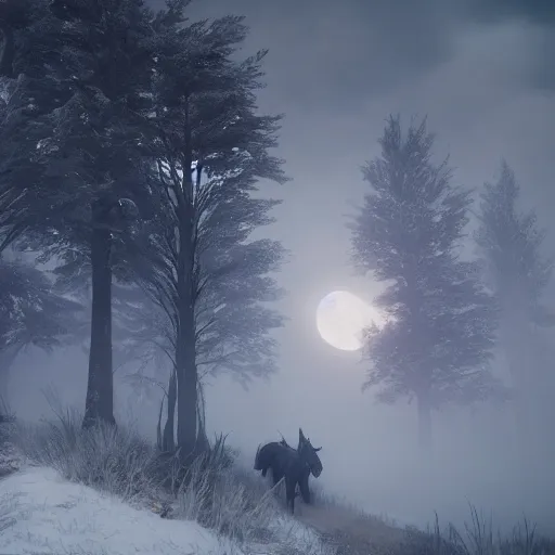 Image similar to the wild hunt, spectres riding in the sky, bad omen, enchanted forest, blizzard storm, fog, full moon, snowy environment, in the style of the witcher series, hyperrealism, breathtaking, award winning, groundbreaking, octane render, unreal 5, intricate digital art, 8 k hi - res