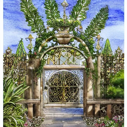 Image similar to delicate, king monkey on the throne, garden, paved, botanic watercolors, iridescent, 8 k, realistic shaded, fine details, artstation, italian, iron gate, tree, mediterranean, marvelous