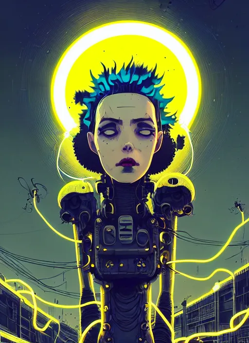 Image similar to highly detailed portrait of wasteland punk long curly bright yellow and white plasma electricity hair tribal lady, stray electric spark wiring by atey ghailan, james gilleard, by joe fenton, by greg rutkowski, by greg tocchini, by kaethe butcher, 4 k resolution, gradient yellow, black and white color scheme!!! ( ( lightning cloudy robotic dystopian city background ) )