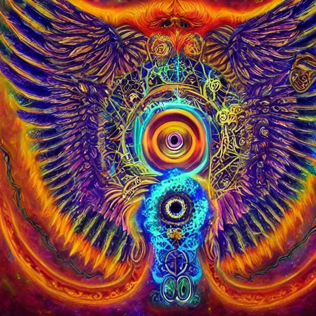 Image similar to angelic ophanim ophanim ophanim Lovecraftian celestial covered in eyes feathers and wings, oil painting award winning, chromatic aberration sharp psychedelic colors, symmetrical geometry sublime angel be not afraid