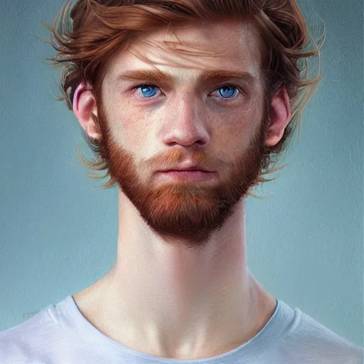 Prompt: 2 4 - year - old man, masculine face, square jaw, ginger hair, dark blue eyes, hyper realistic face, beautiful eyes, highly detailed, digital painting, smooth, sharp, beautiful face, expressive eyes, long fluffy wavy ginger hair, art by greg rutkowski and alex gray