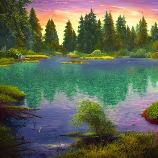 Image similar to looking at a very detailed, highly rendered, as photorealistic as possible, lively, warm, wonderful, friendly lake in the middle of a very vegetated forest in a fantasy world, during a colorful sunraise